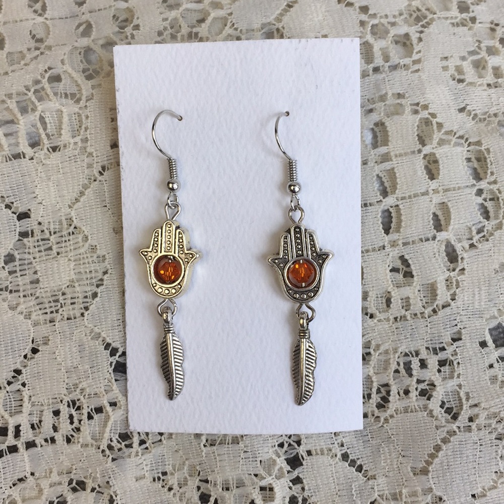 3/$15 Hamsa Hand and feather earrings